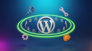 Illustration 3D d’un tableau WordPress, loupe scannant 20 alertes magenta/orange et badges verts sur dégradé bleu-cyan