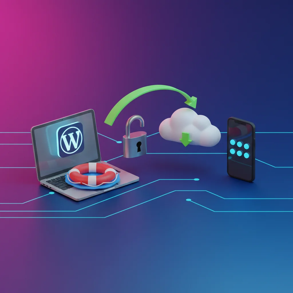Illustration 3D: laptop avec tuile WordPress, bouée, cadenas ouvert, flèche verte, cloud de restauration et smartphone 2FA.