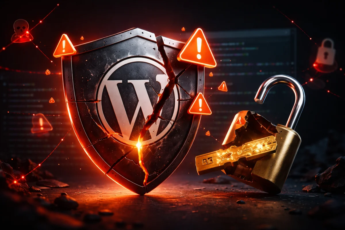 Illustration 3D bouclier WordPress enflammé avec alertes de sécurité et vulnérabilités sur fond sombre